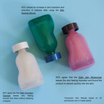 Three skincare bottles on a blue background with text about product usage and consumer feedback.