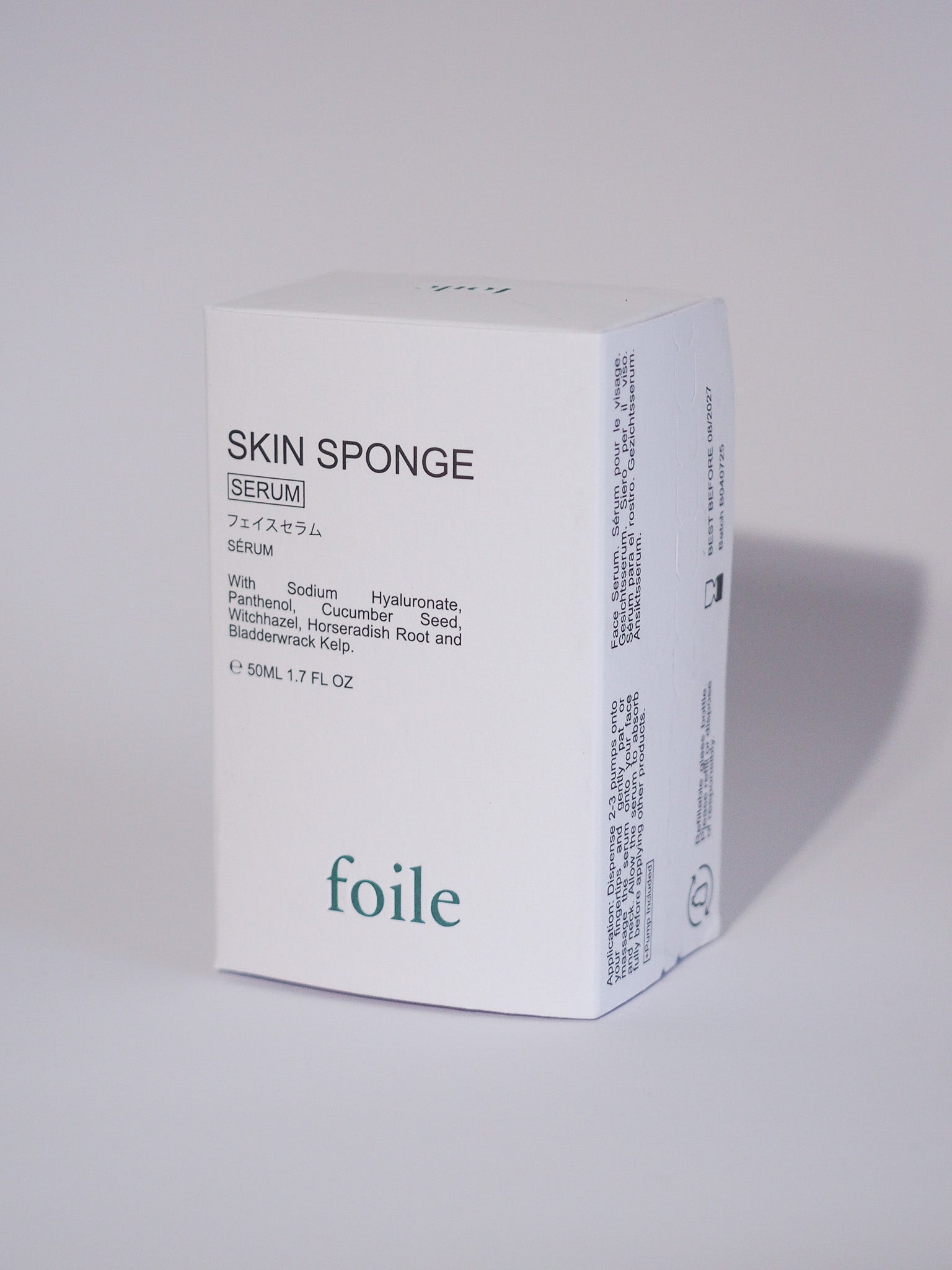 Box of 'foile' skin sponge serum on a light gray background
