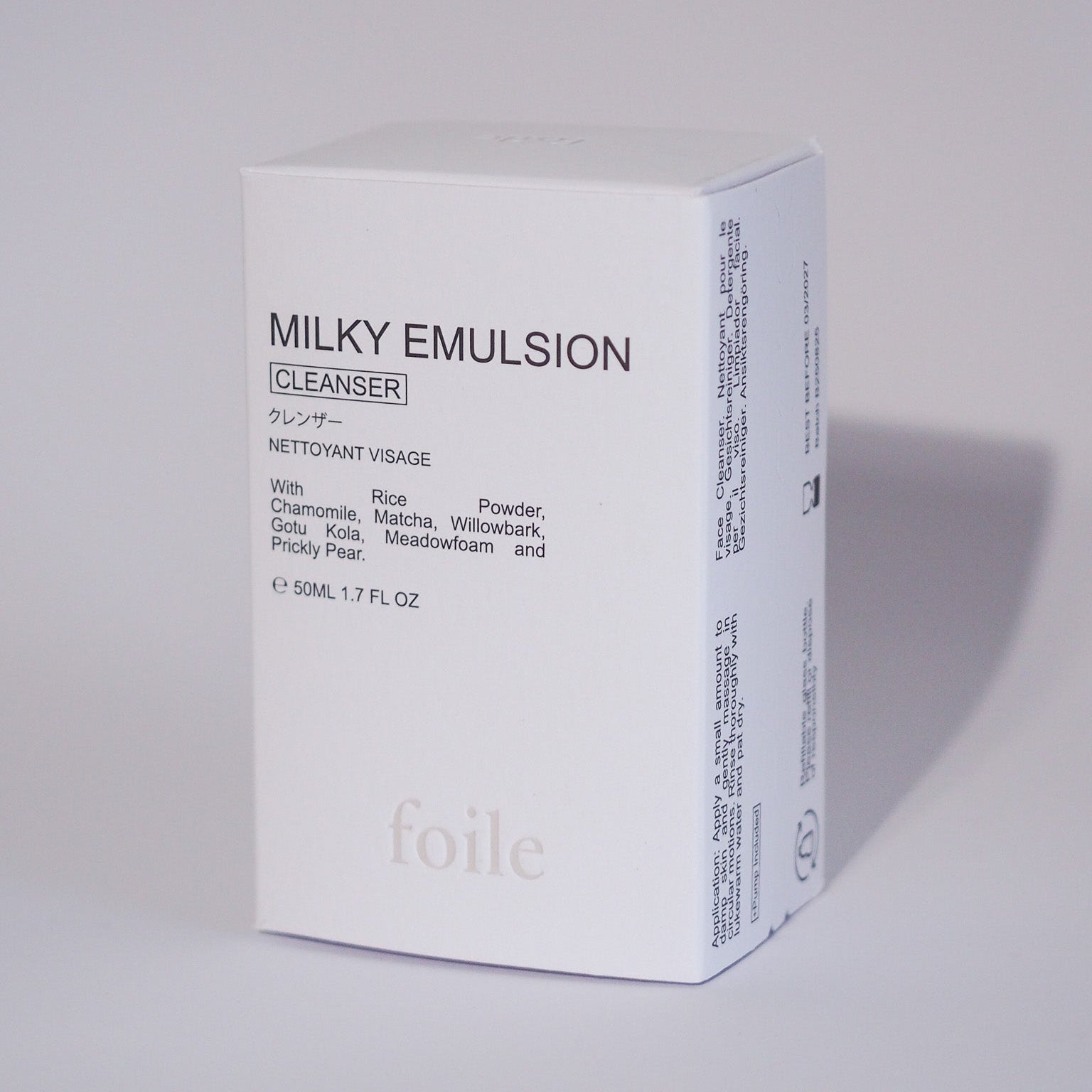 Box of Milky Emulsion Cleanser by foile on a light gray background