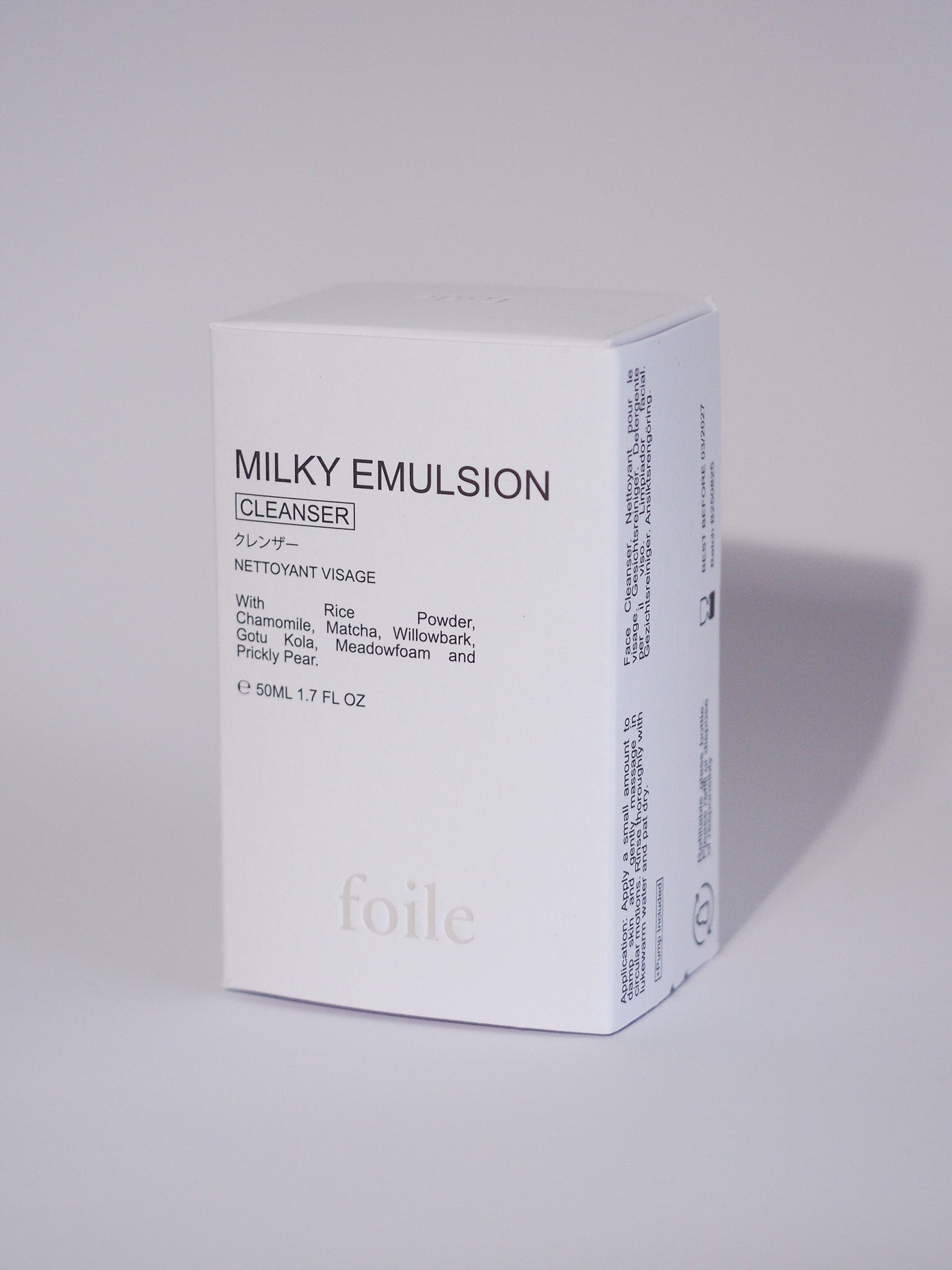 Box of Milky Emulsion Cleanser by foile on a light gray background